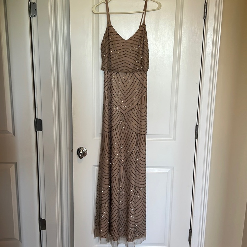 Taupe pink beaded bridesmaid dress